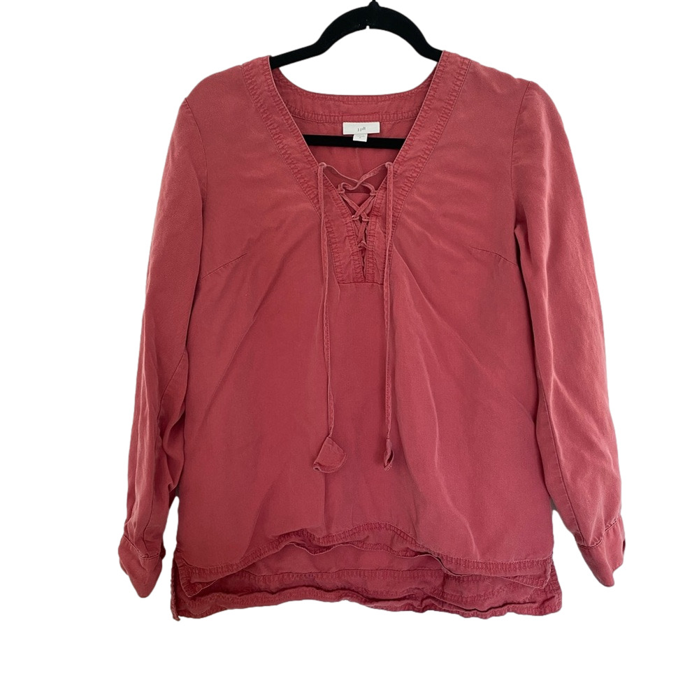 J. JILL Women’s Clay Pink Red Tencel Tie Lace Up Tunic Long Sleeve Blouse in Sm